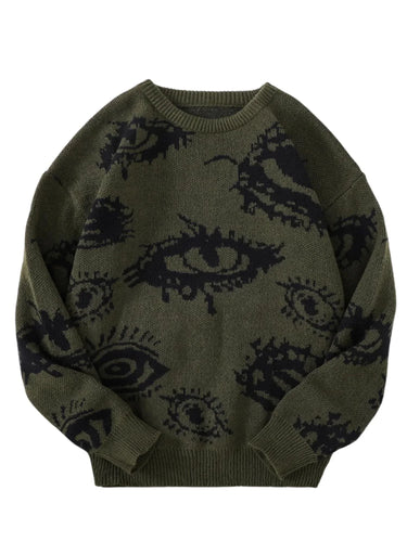 New Popular Men's Abstract Eye Pullover Jacquard Pattern Sweater Casual Round Neck Knitted Men's Pullover, Drestiny, Pullovers, Sweaters, Long Sleeve, S, M, L, XL, XXL, United States, USA, Canada, Australia, New Zealand, United Kingdom, UK, Green, Khaki, Blue, Black, Dark Red, Dark Grey, White, Men's Graphic Sweater, Men's Statement Sweater, abstract print sweater men, men's retro sweater, men's patterned knitwear, men's abstract print jumper, retro men's jumper, shopdrestiny.com